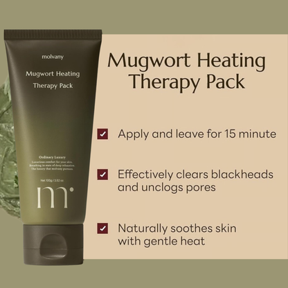 Mugwort Heating Therapy Pack with product packaging and benefits on a beige background